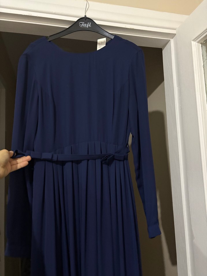 Lacivert Piliseli Uzun Kollu Kadın Elbise - Görsel 2