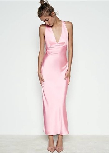 Pembe V Yaka Parlak Midi Kadın Elbise - Görsel 6