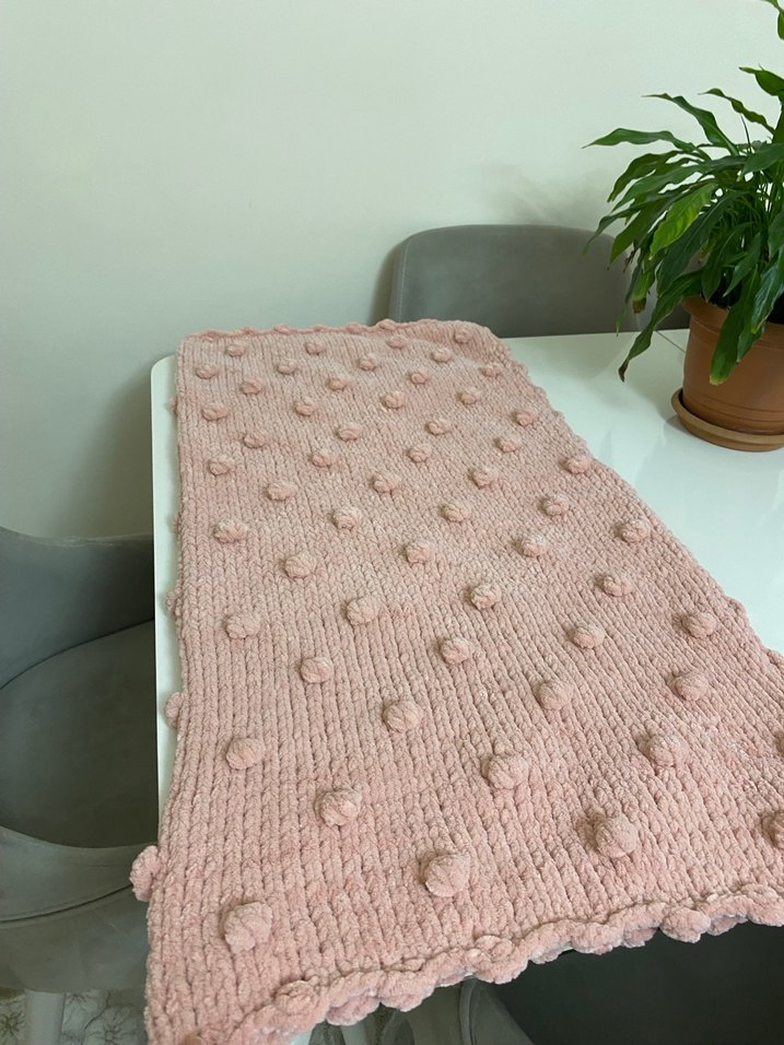 Pembe Ponponlu Örgü Bebek Battaniye - Görsel 2