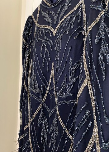 Boncuk İşlemeli Lacivert Vintage Uzun Abiye Elbise - Görsel 3