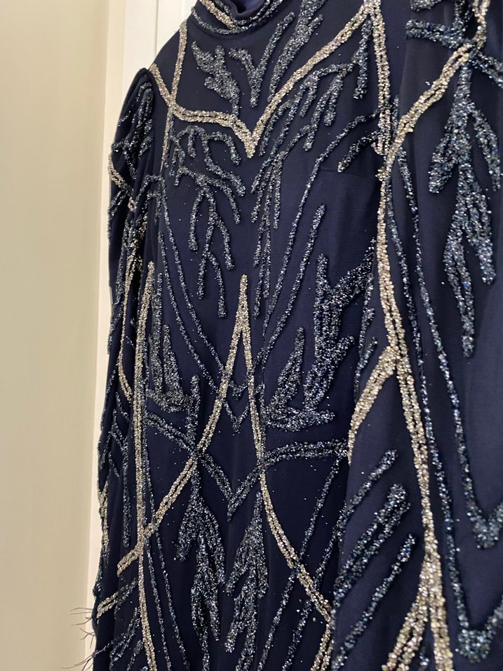 Boncuk İşlemeli Lacivert Vintage Uzun Abiye Elbise - Görsel 3