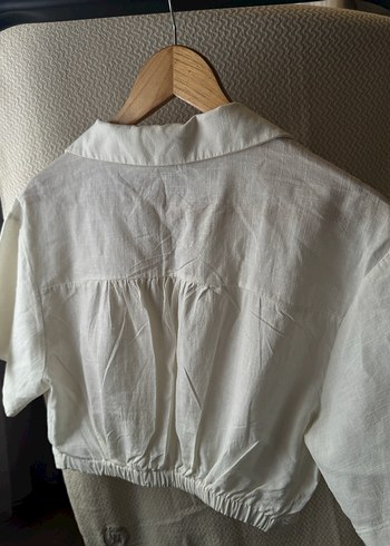 Beyaz Keten V Yaka Kısa Kollu cropGömlek - Görsel 4