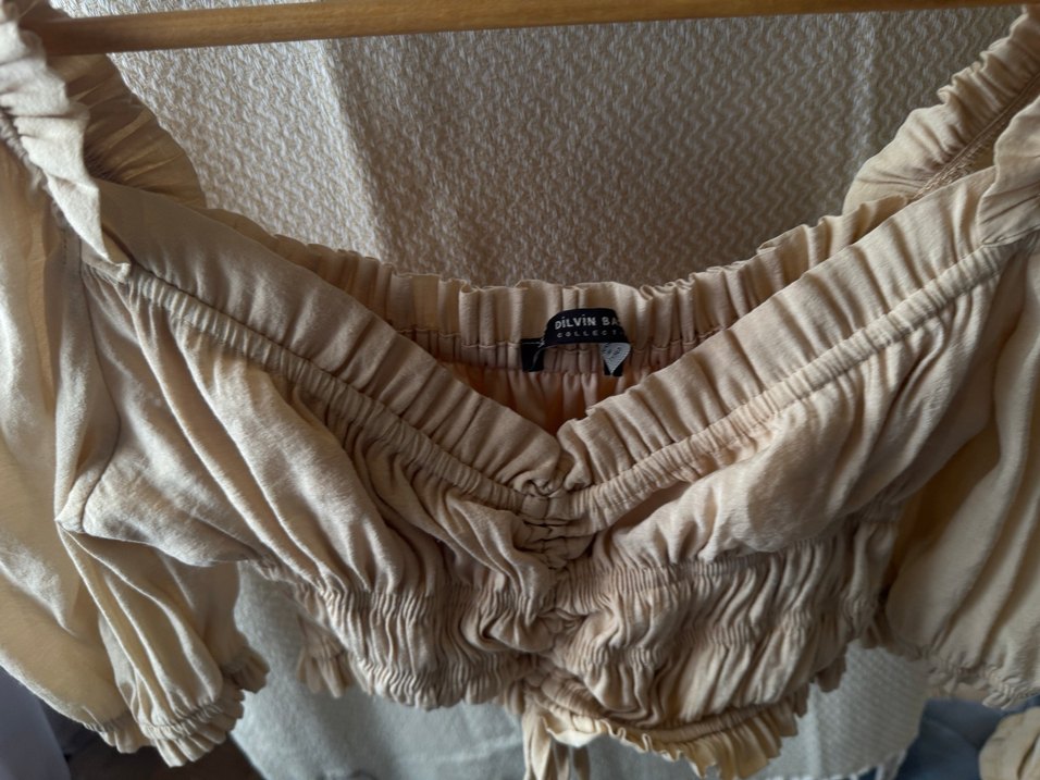 Bej Keten Bohem Mini Bluz - Görsel 2