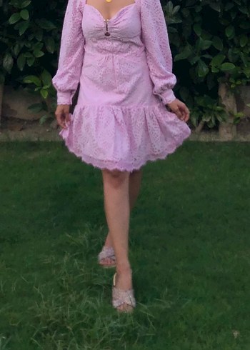 Dantel Detaylı Şeker Pembe Elbise - Görsel 5