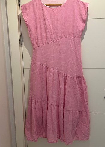 Pembe Keten Midi Elbise