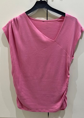 Pembe Keten V Yaka Salaş Kadın Tişört - Görsel 2