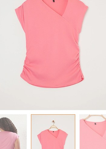 Pembe Keten V Yaka Salaş Kadın Tişört - Görsel 5