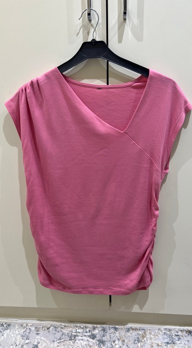 Pembe Keten V Yaka Salaş Kadın Tişört - Görsel 2