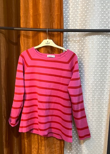 Uzun Kollu Pembe Çizgili Kız Triko Bluz - Görsel 2