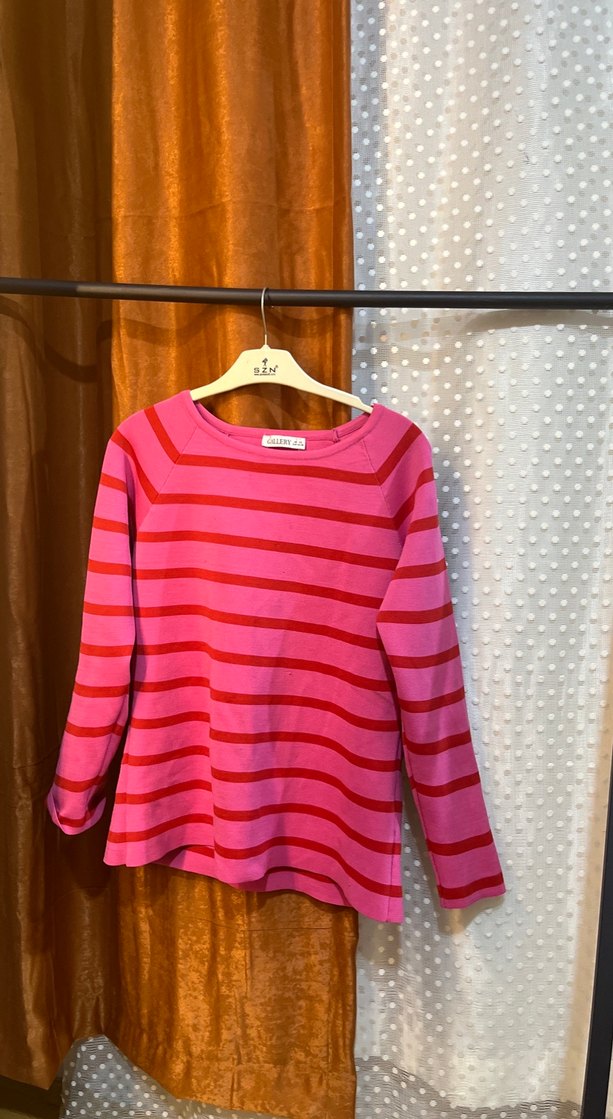 Uzun Kollu Pembe Çizgili Kız Triko Bluz - Görsel 2