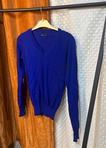 Mavi V Yaka Uzun Kollu Kadın Triko - Görsel 2
