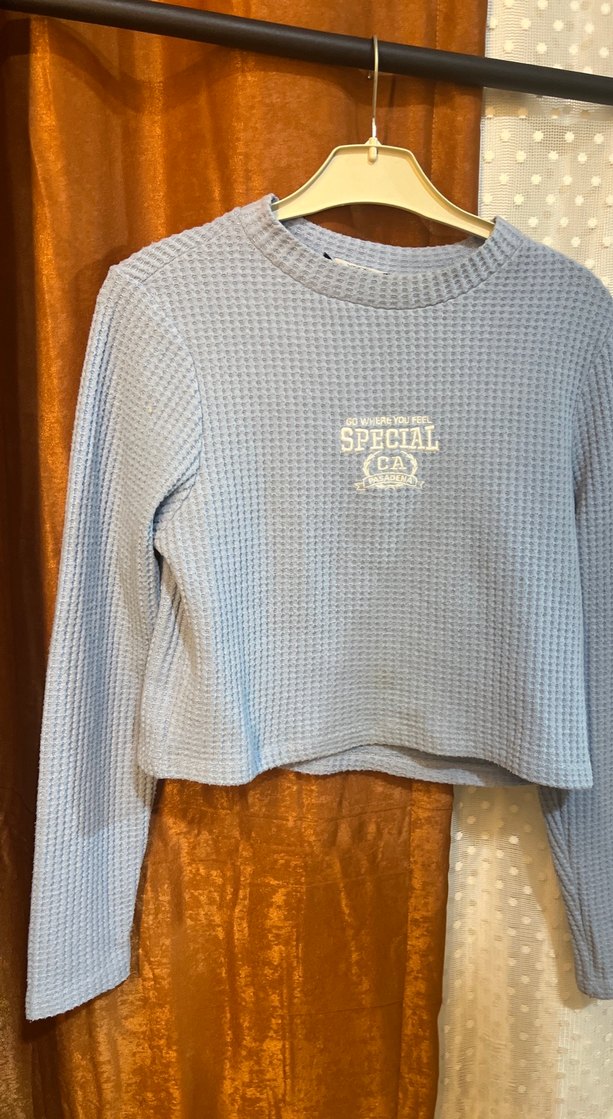 Nakışlı Mavi Triko Kadın Kazak - Görsel 3