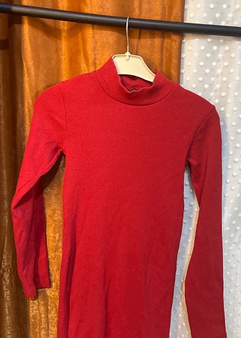 Kırmızı Yüksek Yakalı Uzun Kollu Kadın Elbise - Görsel 2