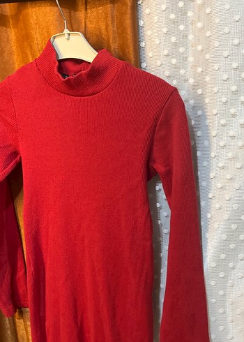 Kırmızı Yüksek Yakalı Uzun Kollu Kadın Elbise - Görsel 4