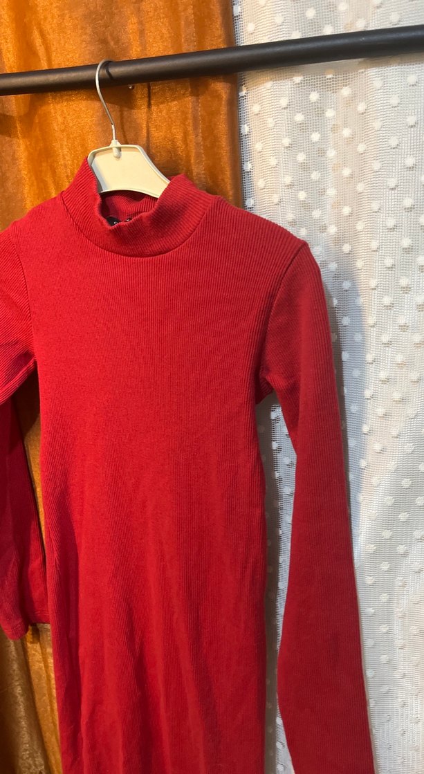 Kırmızı Yüksek Yakalı Uzun Kollu Kadın Elbise - Görsel 4