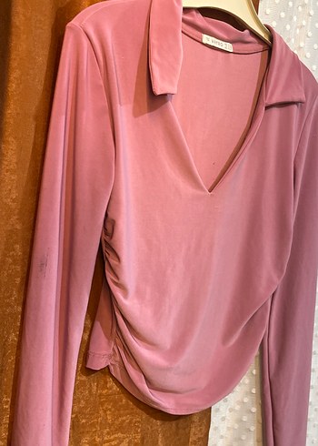 Pembe V Yakalı Uzun Kollu Kadın Bluz - Görsel 4