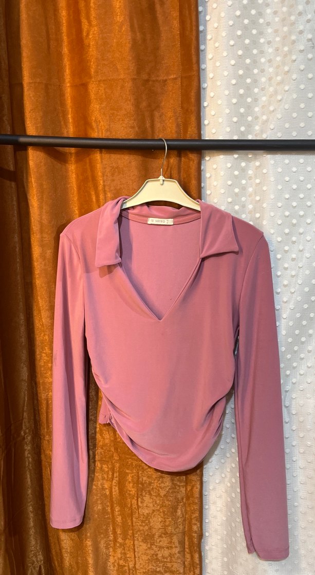Pembe V Yakalı Uzun Kollu Kadın Bluz - Görsel 3