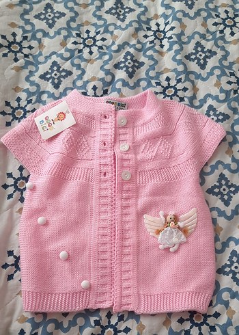 Pembe Nakışlı Örgü Bebek yeleği - Görsel 2