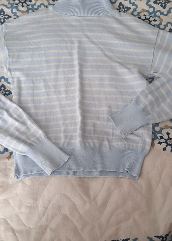 Boğazlı Çizgili Gri Triko Kazak - Görsel 7