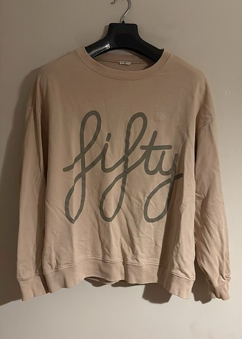 Bej Uzun Kollu Baskılı Kadın Sweatshirt