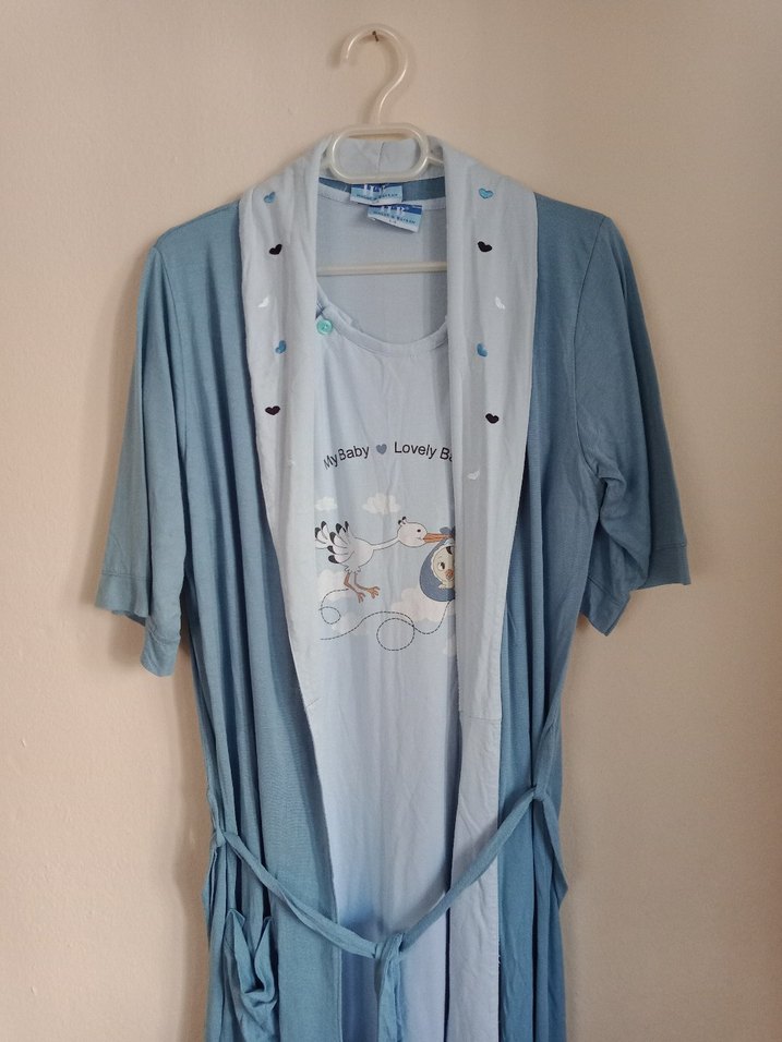 Uzun Kollu Mavi Baskılı Emzirme Sabahlığı - Görsel 2