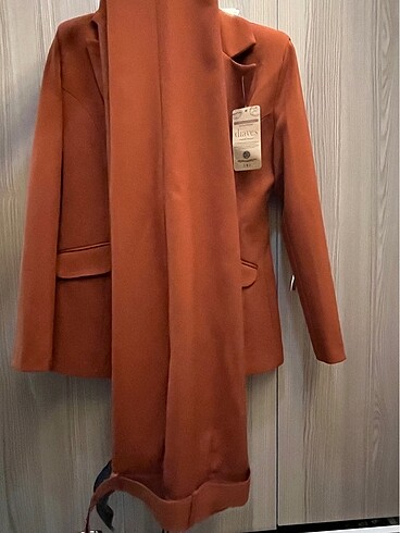 l Beden kahverengi Renk Tarçın kruvaze blazer havuç pantolon takım elbise