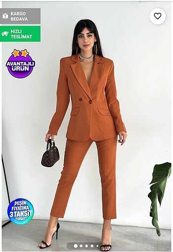 Tarçın kruvaze blazer havuç pantolon takım elbise