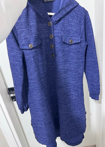 Kadın Mavi Düğmeli Uzun Kollu tiriko Sweatshirt - Görsel 2