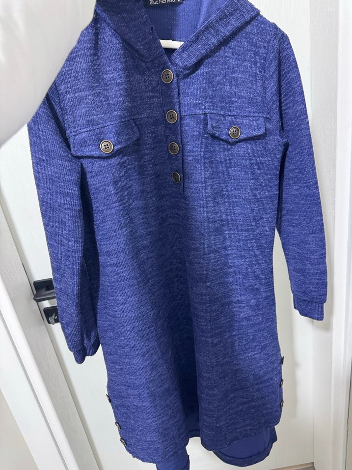 Kadın Mavi Düğmeli Uzun Kollu tiriko Sweatshirt - Görsel 2