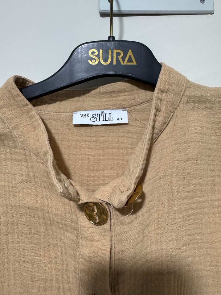 Bej Kadın müslin  Uzun Kollu Düğmeli tunik - Görsel 3