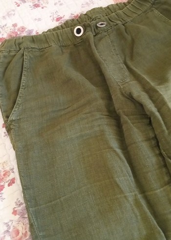 Düğmeli Yeşil Keten Kadın Pantolon