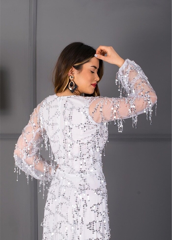 Beyaz nikah elbisesi pullu payetli parlak Bride to be - Görsel 5