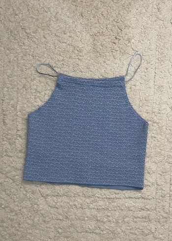 Örgü Mavi Yüksek Yakalı Crop Top