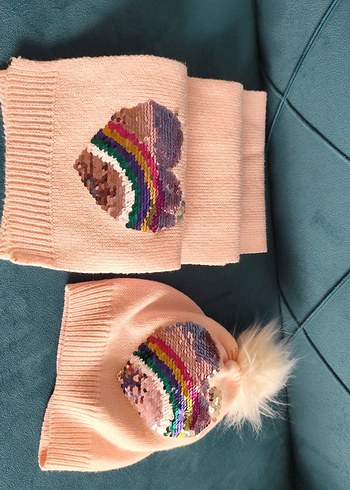 Çocuk Çok Renkli Nakışlı Triko Bere ve Atkı Seti - Görsel 2