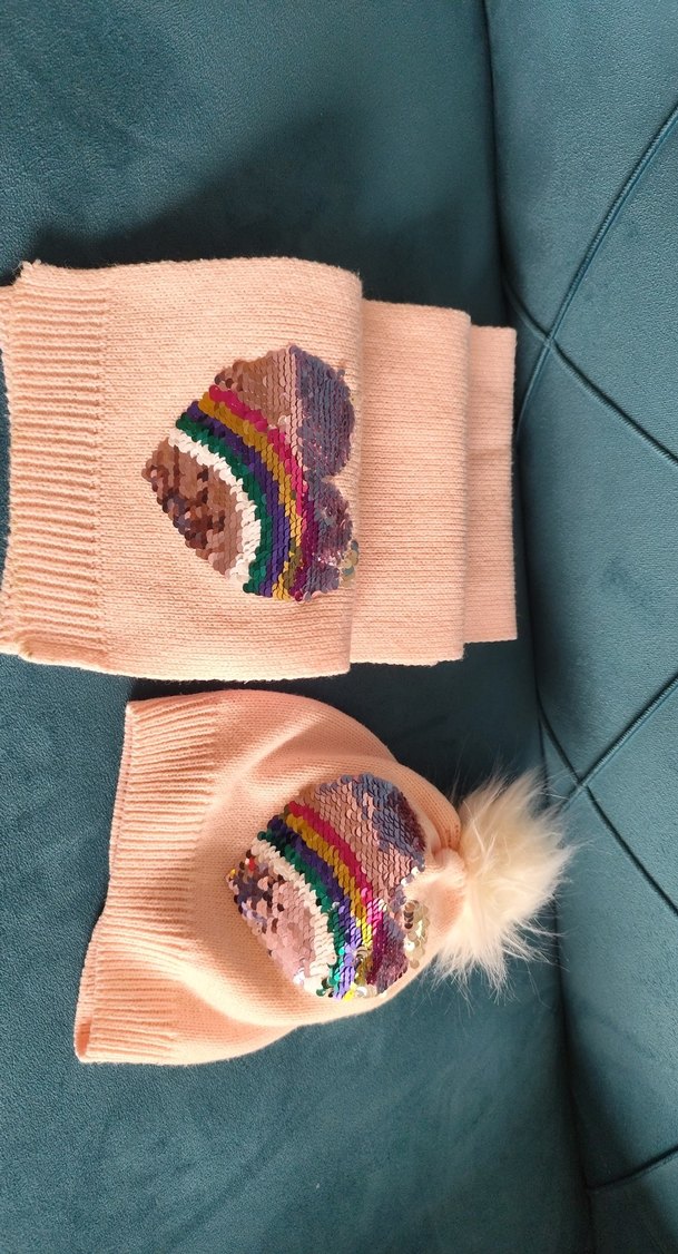 Çocuk Çok Renkli Nakışlı Triko Bere ve Atkı Seti - Görsel 2