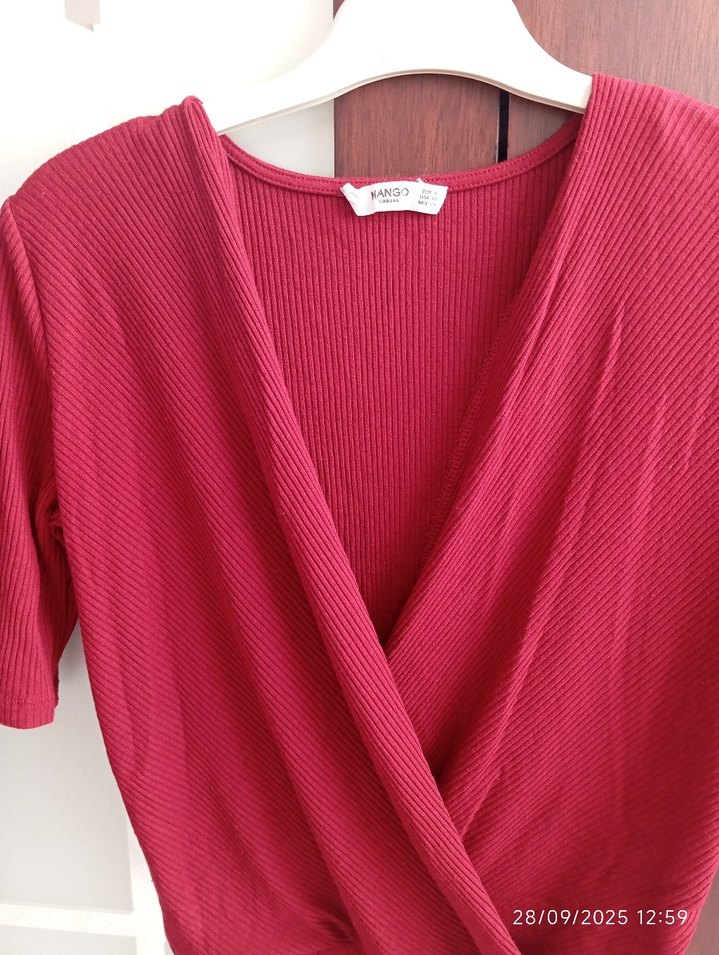 Kırmızı V Yaka Drapeli Kadın Bluz - Görsel 2