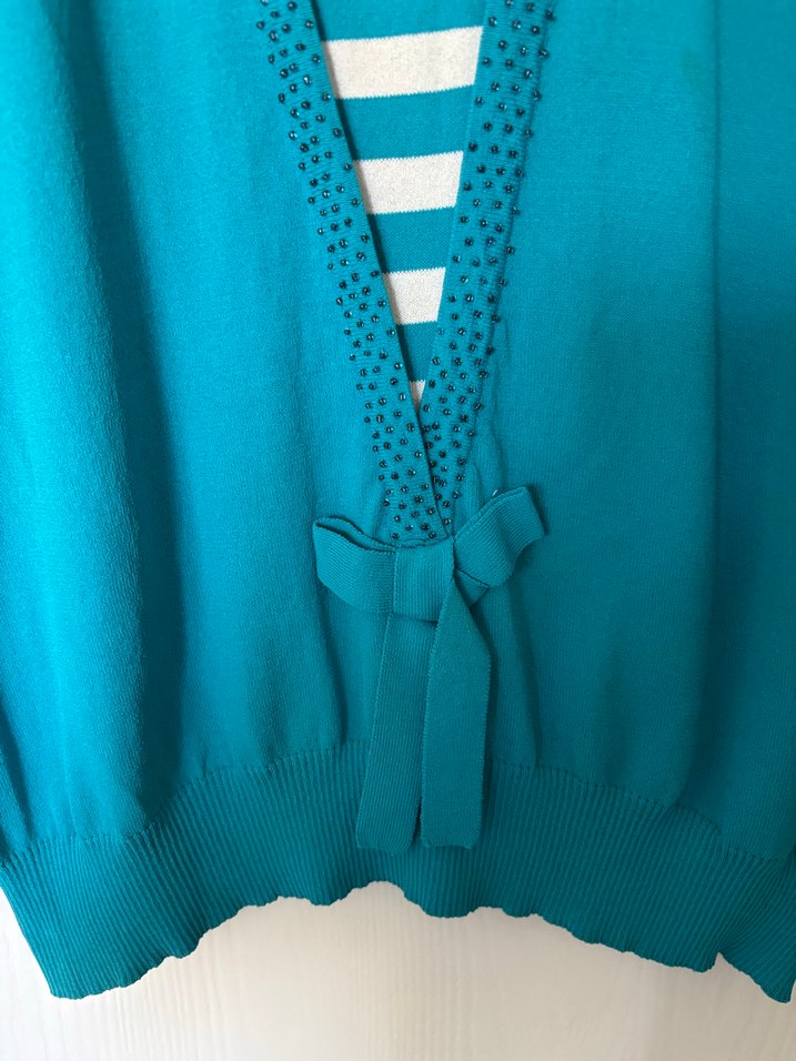Turkuaz V Yaka Uzun Kollu Kadın Kazak - Görsel 5