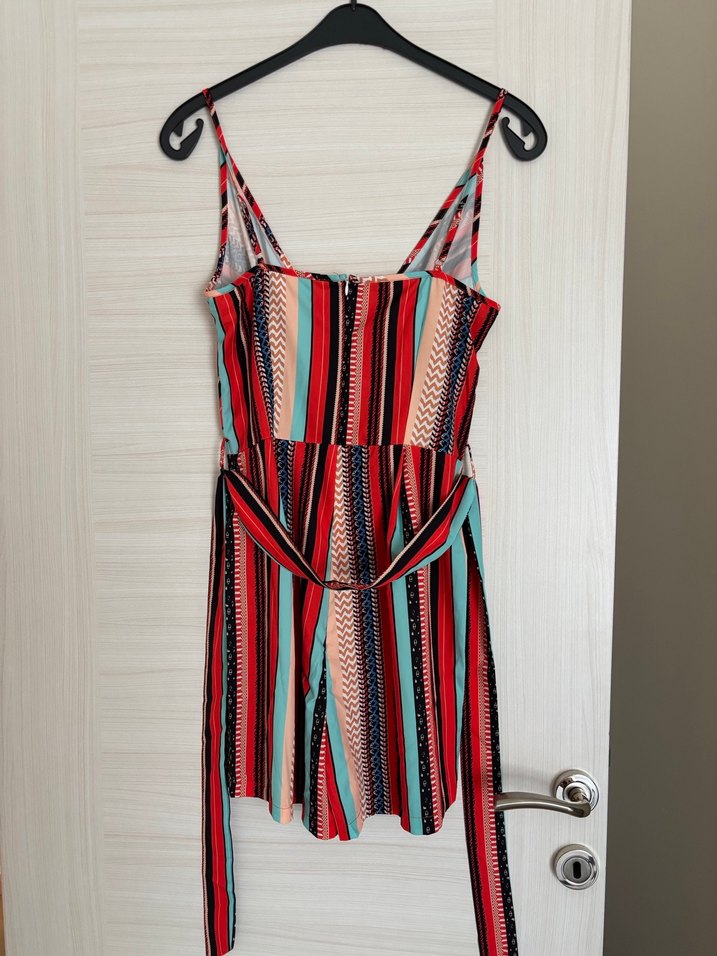 Renkli Piliseli V Yakalı Kadın Mini Tulum - Görsel 2