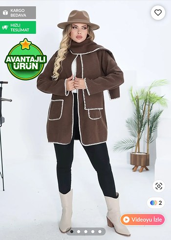 Uzun Kahverengi Örgü Detaylı Kadın Kaban