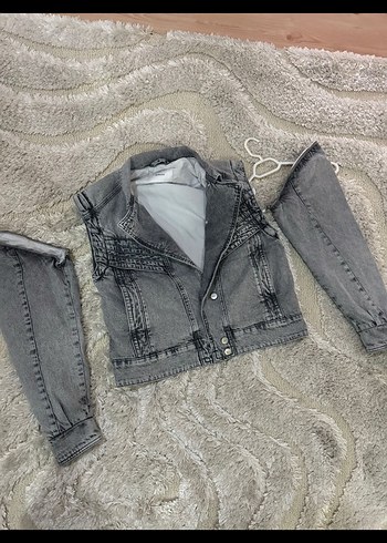 36 Beden Düğmeli Gri Kadın Denim Ceket