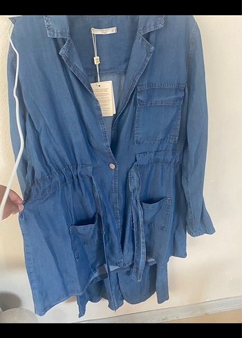 Düğmeli Lacivert Denim Kadın Takım - Görsel 3