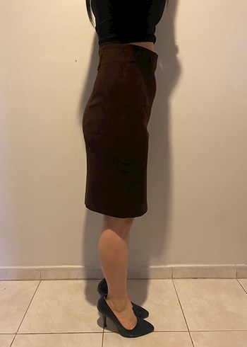 Kahverengi Süet Midi Kalem Etek - Görsel 2