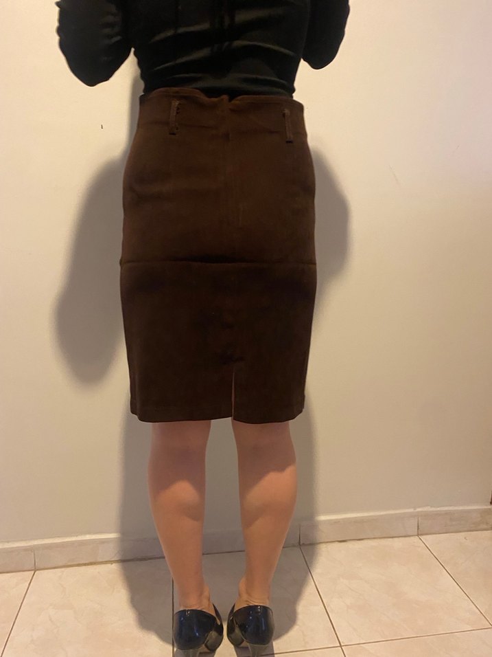 Kahverengi Süet Midi Kalem Etek - Görsel 3
