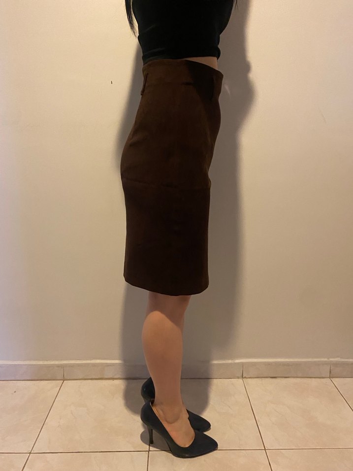 Kahverengi Süet Midi Kalem Etek - Görsel 2