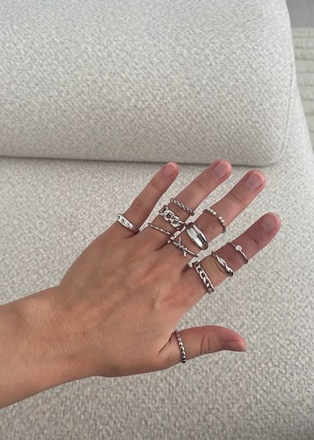 Zincir Detaylı Kadın Gümüş Yüzük Seti - Görsel 4