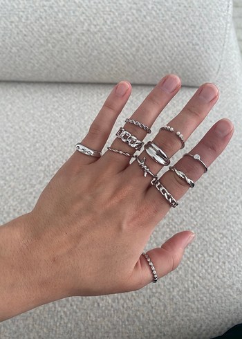 Zincir Detaylı Kadın Gümüş Yüzük Seti - Görsel 5