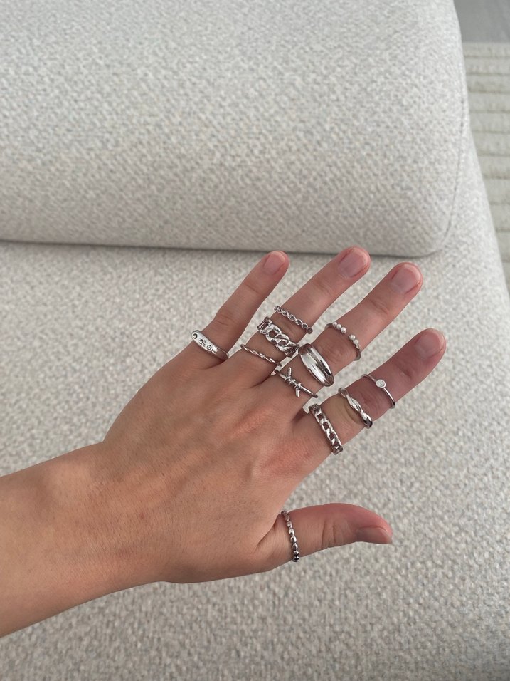 Zincir Detaylı Kadın Gümüş Yüzük Seti - Görsel 4