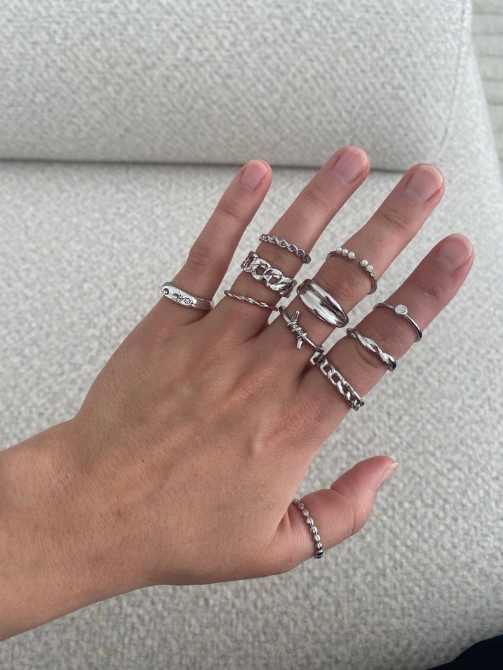 Zincir Detaylı Kadın Gümüş Yüzük Seti - Görsel 5