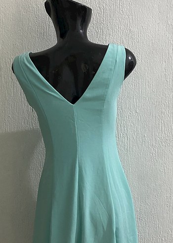 Turkuaz V Yakalı Uzun Abiye Elbise - Görsel 2