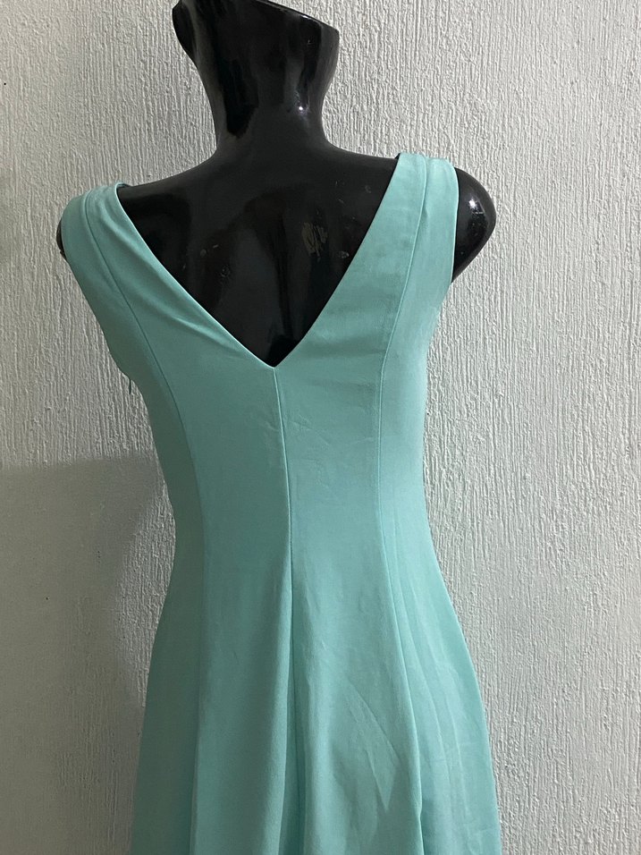 Turkuaz V Yakalı Uzun Abiye Elbise - Görsel 2